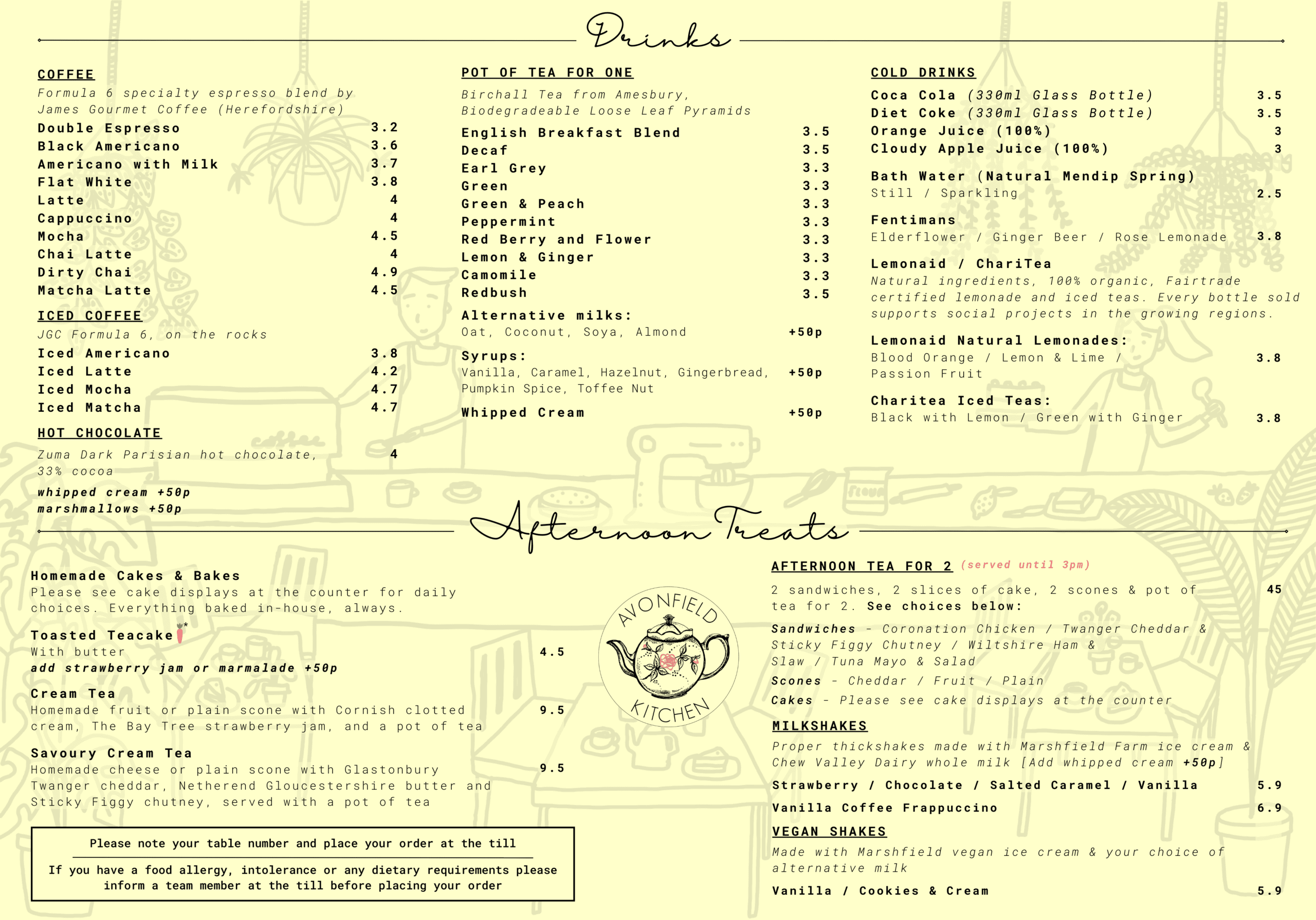 2026 - Main Menu Drinks Avonfield Kitchen Menu May 2022 – Back